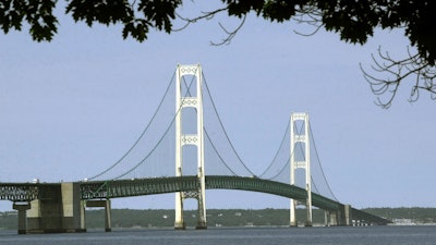 This July 19, 2002, file photo, shows the Mackinac Bridge that spans the Straits of Mackinac from Mackinaw City, Mich.