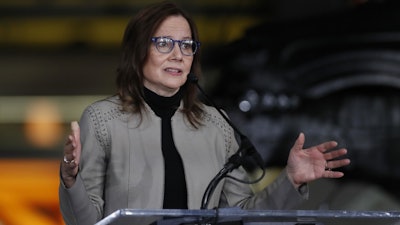 General Motors Chairman and CEO Mary Barra addresses the media in Orion Township, Mich., March 22, 2019.