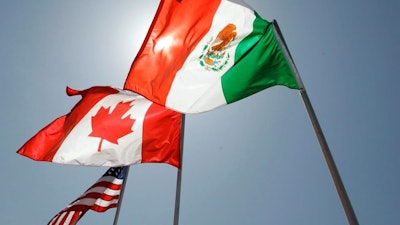 In this April 21, 2008, file photo, national flags of the United States, Canada, and Mexico fly in New Orleans.