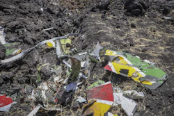Wreckage lies at the scene of an Ethiopian Airlines flight that crashed shortly after takeoff at Hejere near Bishoftu in Ethiopia Sunday, March 10, 2019.
