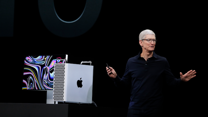 Apple CEO Tim Cook speaks about the Mac Pro at the Apple Worldwide Developers Conference in San Jose, Calif., Monday, June 3, 2019.