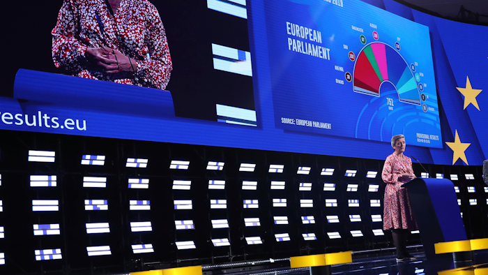 In this file photo, dated Monday, May 27, 2019, Denmark's Margrethe Vestager speaks at the European Parliament in Brussels.