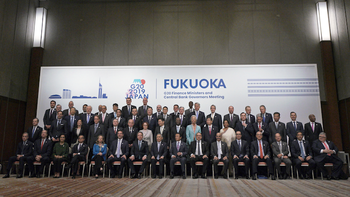 Ministers and central bank governors during a photo session of the G20 meeting Sunday, June 9, 2019, in Fukuoka, Japan.