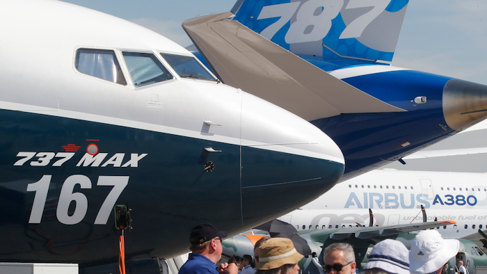 In this June 20, 2017, file photo, Boeing planes are displayed at the Paris Air Show in Le Bourget, France.