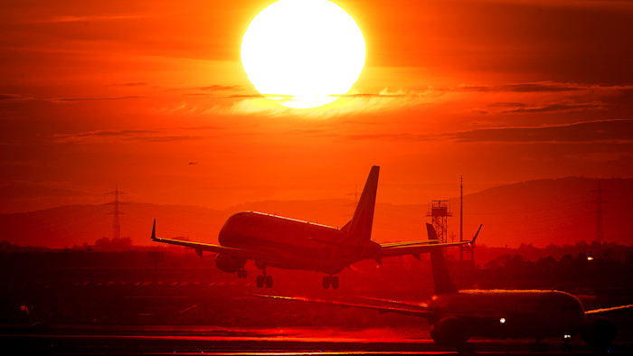 In this Wednesday, March 20, 2019, file photo, an aircraft lands at the international airport in Frankfurt, Germany.