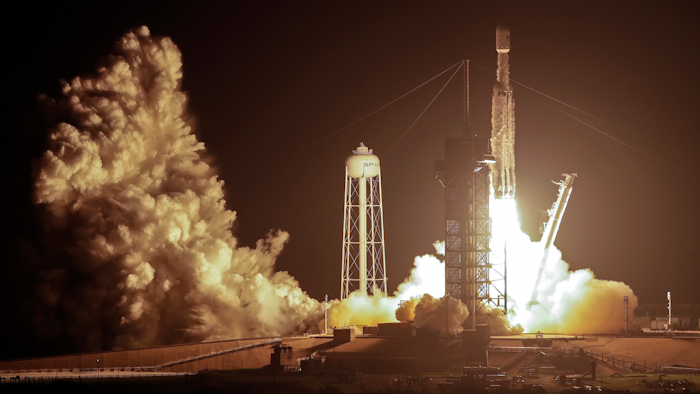 A SpaceX Falcon heavy rocket lifts off from pad 39A at the Kennedy Space Center in Cape Canaveral, Fla., early Tuesday, June 25, 2019.