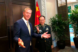 Acting U.S. Secretary of Defense Patrick Shanahan meets with China's Minister of National Defense Wei Fenghe during a meeting on the sidelines of the 18th International Institute for Strategic Studies (IISS) Shangri-la Dialogue in Singapore, Friday, May 31, 2019.