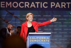 Sen. Elizabeth Warren, D-Mass., waves before speaking during the 2019 California Democratic Party State Organizing Convention in San Francisco, Saturday, June 1, 2019.