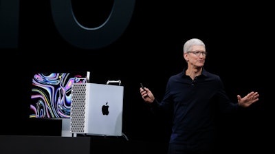 Apple CEO Tim Cook speaks about the Mac Pro at the Apple Worldwide Developers Conference in San Jose, Calif., Monday, June 3, 2019.