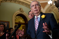 Senate Majority Leader Mitch McConnell speaks to reporters following the weekly policy lunches on Capitol Hill, Tuesday, June 4, 2019.
