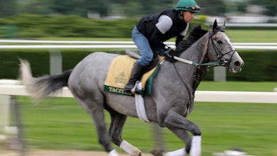 Exercise rider Joe Ramos rides Tacitus during workouts at Belmont Park in Elmont, N.Y., Wednesday, June 5, 2019.