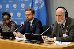 Nanjira Sambuli, left, Senior Policy Manger, World Wide Web Foundation; Nikolai Astrup, Minister of Digitalization of Norway, center; and Vinton Cerf, vice president and Chief Internet Evangelist for Google, participate in a news conference at United Nations headquarters, Monday, June 10, 2019.