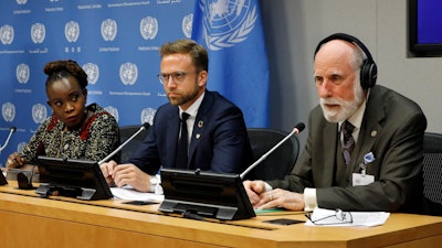 Nanjira Sambuli, left, Senior Policy Manger, World Wide Web Foundation; Nikolai Astrup, Minister of Digitalization of Norway, center; and Vinton Cerf, vice president and Chief Internet Evangelist for Google, participate in a news conference at United Nations headquarters, Monday, June 10, 2019.