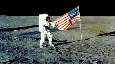 In this Nov. 1969 photo, Apollo 12 mission Commander Charles P. 'Pete' Conrad stands on the moon's surface.