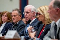 Captain Chesley Sullenberger, accompanied by, from left, Sharon Pinkerton with Airlines for America, Captain Dan Carey with the Allied Pilots Association, Sara Nelson with the Association of Flight Attendants-CWA, and former FAA Administrator Randy Babbitt, speaks during a hearing on Capitol Hill, Wednesday, June 19, 2019.
