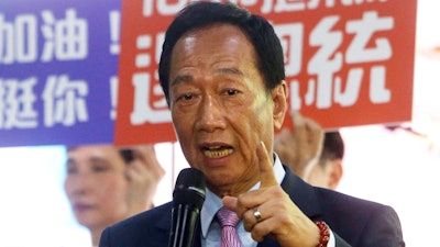 Foxconn Chairman Terry Gou speaks after the company's annual shareholders meeting in New Taipei City, Taiwan, Friday, June 21, 2019.