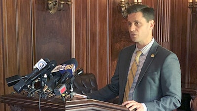 Republican state Sen. Chris Kapenga talks to reporters during a news conference, Wednesday, June 26, 2019, in Madison, Wis.