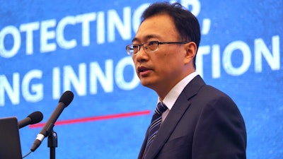Huawei Head of Intellectual Property Jason Ding speaks at a press conference at the company's headquarters in Shenzhen, Thursday, June 27, 2019.