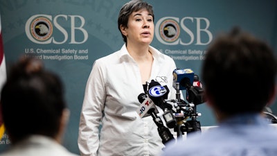 Kristen Kulinowski, interim executive director of the U.S. Chemical Safety Board, speaks to the media in Philadelphia, Thursday, June 27, 2019.