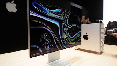 In this June 3, 2019, file photo, a Mac Pro monitor is shown at the Apple Worldwide Developers Conference in San Jose, Calif.