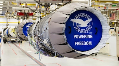 Pratt & Whitney F135 engine on a production line.