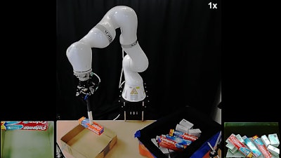 An automation workspace with a Kuka robotic arm and a bin containing a pile of objects that need to be tightly packed into a shipping order box. The Rutgers robotic packing system is designed to overcome errors during packing.