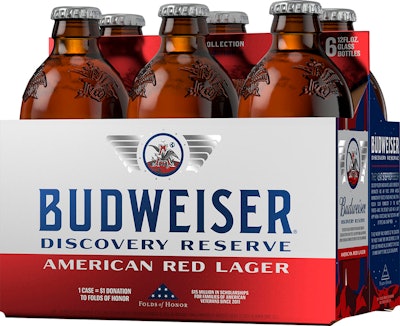 This image provided by Budweiser in June 2019 shows packaging for their Discovery Reserve beer. It revives a recipe from the 1960s and features 11 symbolic stars around their logo, in honor of the 50th anniversary of the Apollo 11 moon landing.