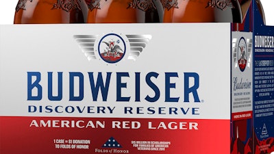 This image provided by Budweiser in June 2019 shows packaging for their Discovery Reserve beer. It revives a recipe from the 1960s and features 11 symbolic stars around their logo, in honor of the 50th anniversary of the Apollo 11 moon landing.