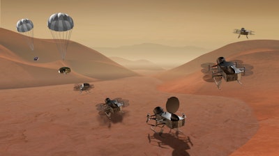 This artist's rendering made available by NASA shows multiple views of the Dragonfly dual-quadcopter lander that would take advantage of the atmosphere on Saturn's moon Titan to explore multiple locations, some hundreds of miles apart. On Thursday, June 2u7, 2019, NASA announced it would send the drone to the jovian planet's largest moon. Scientists have long considered Titan an attractive place to study whether it would be capable of supporting microbial life.