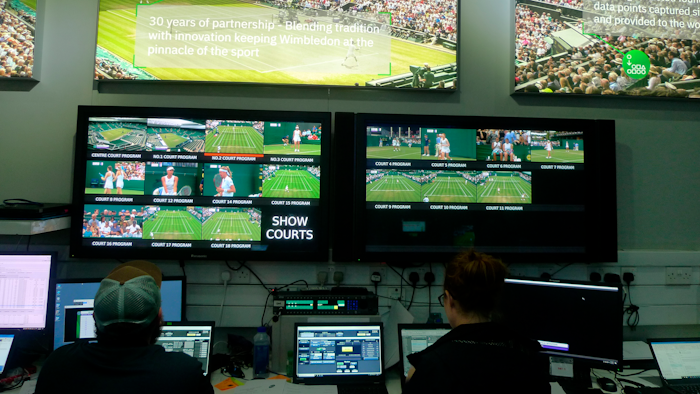 Staff monitor game data and work on match analysis at an operations room during the Wimbledon Tennis Championships in London, Wednesday, July 3, 2019.