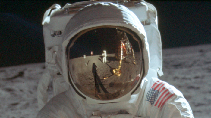 This detail of a July 20, 1969 photo made available by NASA shows astronaut Neil Armstrong reflected in the helmet visor of Buzz Aldrin on the surface of the moon. The astronauts had a camera mounted to the front of their suits, according to the Universities Space Research Association. So rather than holding the camera up to his eye, as we’re accustomed to, Armstrong would have taken the photos from near his chest, which is where Armstrong’s hands appear to be in his reflection.