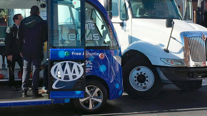 This Nov. 8, 2017, file photo shows a driverless shuttle bus after it collided with a big rig in Las Vegas.