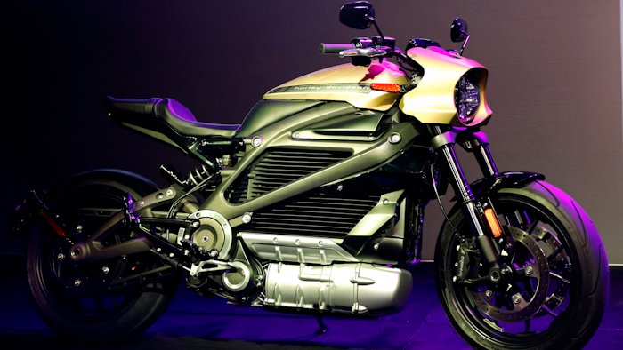 In this Jan. 7, 2019, file photo, a Harley-Davidson LiveWire electric motorcycle on display during a Panasonic news conference at CES International in Las Vegas.
