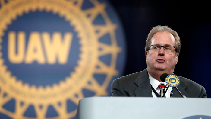In this March 11, 2019, file photo, Gary Jones, president of the United Auto Workers union, addresses delegates to the union's bargaining convention in Detroit.