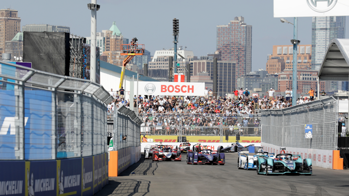 Drivers in the Formula E season finale compete in the auto race in Brooklyn, Saturday, July 13, 2019.