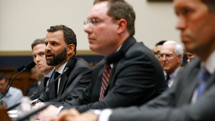 Facebook Head of Global Policy Development Matt Perault, second from left, testifies alongside Google Director of Economic Policy Adam Cohen, back left, Amazon Associate General Counsel Nate Sutton, second from right, and Apple Vice President for Corporate Law and Chief Compliance Officer Kyle Andeer during a House Judiciary subcommittee hearing, Tuesday, July 16, 2019.