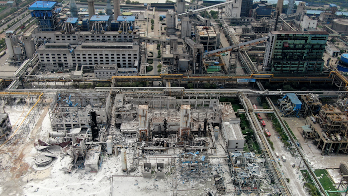 An aerial view shows the aftermath of the blast at a gas plant in Yima city in central China's Henan province Saturday, July 20, 2019.