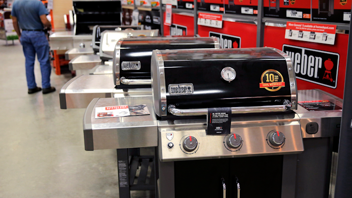 In this July 11, 2019, photo, Weber grills are displayed at the Home Depot store in Londonderry, N.H.