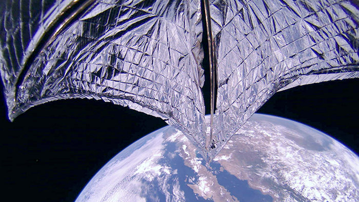 This photo, provided on Thursday, July 25, 2019, by the Planetary Society, shows a portion of the LightSail2 spacecraft.