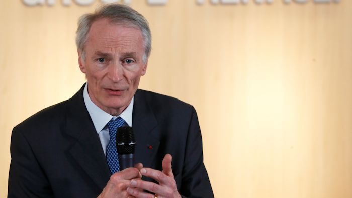 This Jan.24, 2019 file photo shows Jean-Dominique Senard after being appointed Renault chairman following a meeting of the board held at Renault headquarters in Boulogne-Billancourt, outside Paris. Renault Chairman Jean-Dominique Senard has expressed confidence that the French automaker's alliance with Japan's Nissan remains on track following the appointment of a new board in the wake of the scandal involving Carlos Ghosn, who chaired both companies.
