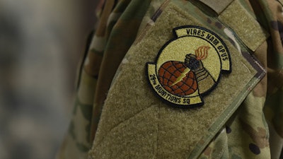 The patch of the 28th Munitions Squadron worn by a Raider Airman during the Air Force Combat Operations Competition on Ellsworth Air Force Base, S.D., Feb. 5, 2019.
