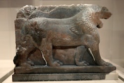 A 3D printed recreation of the ancient Lion of Mosul, which was destroyed by the Islamic State group at the Mosul Museum in Iraq, is displayed as part of the 'What Remains' exhibition at the Imperial War Museum in London, Wednesday, July 3, 2019. The exhibit, which runs from July 5 until January 5, 2020, explores why cultural heritage is attacked during historical and contemporary conflicts.