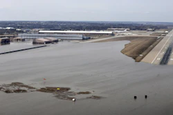 This March 17, 2019, file photo shows Offutt Air Force Base and surrounding areas in Nebraska affected by flood waters.