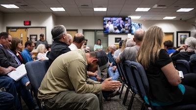 Craig Wakefield, an employee at Belle Ayr for 10.5 years, during a public meeting regarding the closures of two Blackjewel mines at the Campbell County Courthouse in Gillette, Wyo., Tuesday, July 2, 2019.