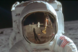 This detail of a July 20, 1969 photo made available by NASA shows astronaut Neil Armstrong reflected in the helmet visor of Buzz Aldrin on the surface of the moon. The astronauts had a camera mounted to the front of their suits, according to the Universities Space Research Association. So rather than holding the camera up to his eye, as we’re accustomed to, Armstrong would have taken the photos from near his chest, which is where Armstrong’s hands appear to be in his reflection.