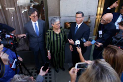 In this Sept. 24, 2018, file photo, from left, Cal/EPA Secretary Matthew Rodriguez, California Air Resources Board Chair Mary Nichols and California Attorney General Xavier Becerra talk to the media in Fresno, Calif.