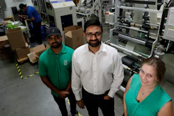 In this Friday, July 5, 2019, file photo, Achyut Patel, Rudy Patel and Katrina Hart at biodegradable bags maker beyond Green in Lake Forest, Calif.
