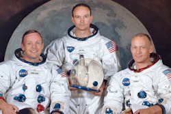 This March 30, 1969, photo made available by NASA shows the crew of the Apollo 11, from left, Neil Armstrong, commander; Michael Collins, module pilot; Edwin E. 'Buzz' Aldrin, lunar module pilot.