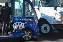 This Nov. 8, 2017, file photo shows a driverless shuttle bus after it collided with a big rig in Las Vegas.