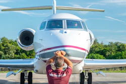 This Thursday, July 11, 2019, photo, provided by Chris Garrison, shows a Gulfstream aircraft on the tarmac after its record-breaking around-the-world flight.
